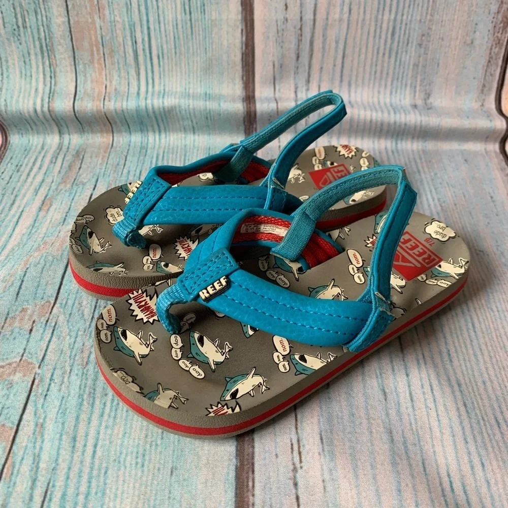 Reef Kids Blue Dinosaur Flip Flops